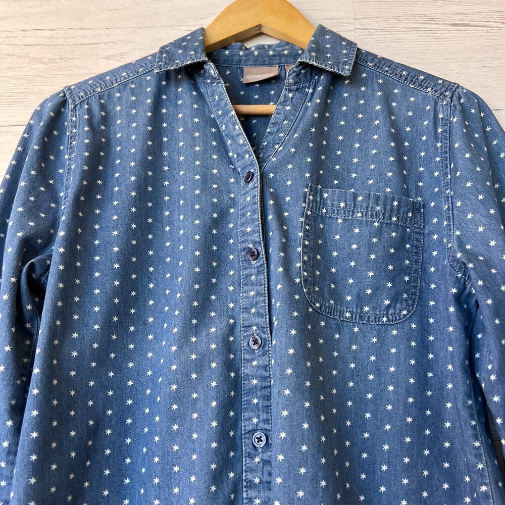 Chicos Shirt Womens Size 0/S Spacey Dot Cozmo Chambray Denim Long Sleeve Cotton - Picture 7 of 16